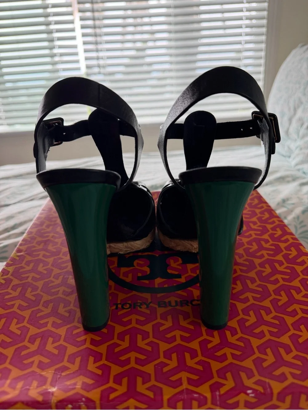 Tory Burch Black T-strap Platform Sandal with Green Block Heel